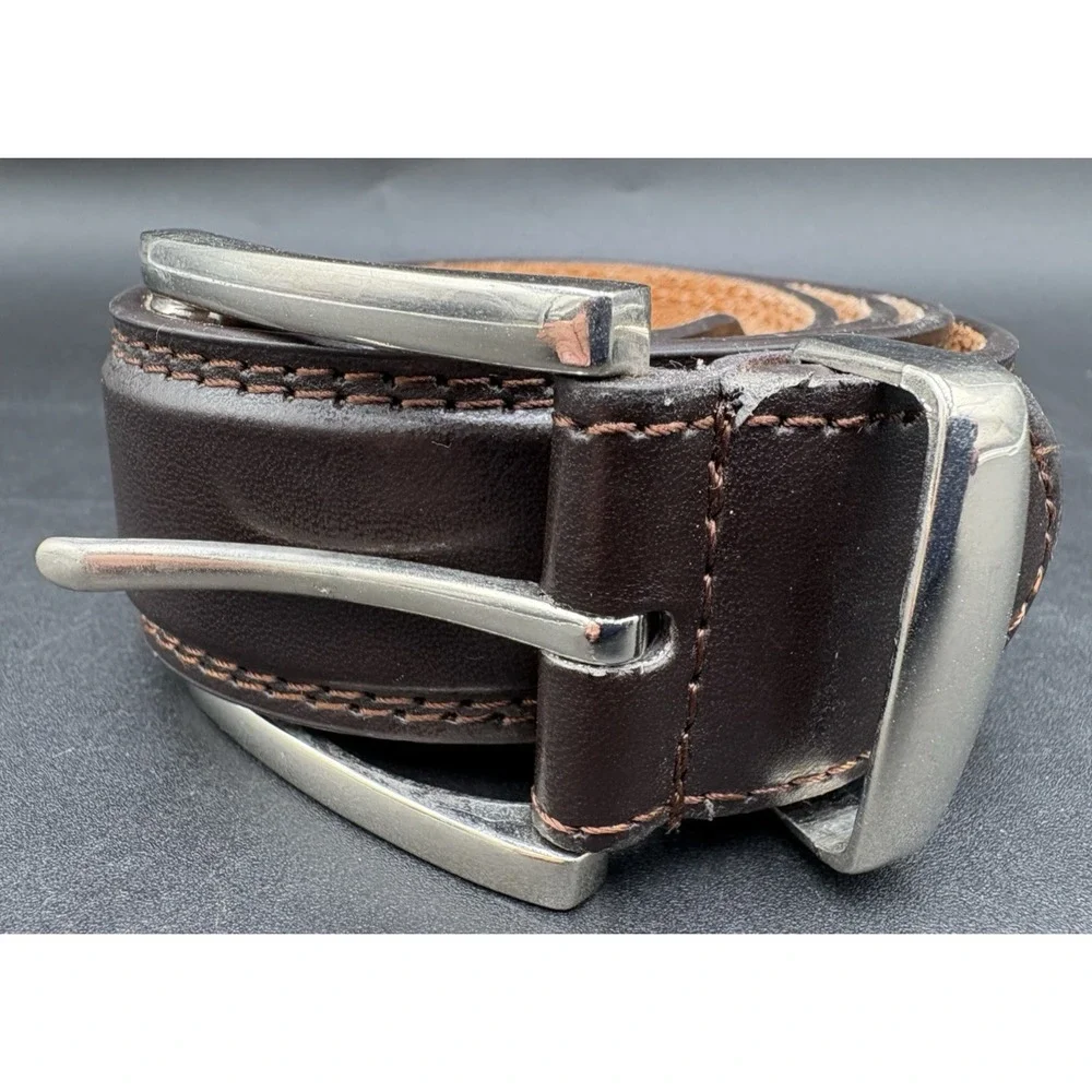 Brown Leather Genuine Belt Men's Sz 36 Silver Buckle Mahogany Brown GUC